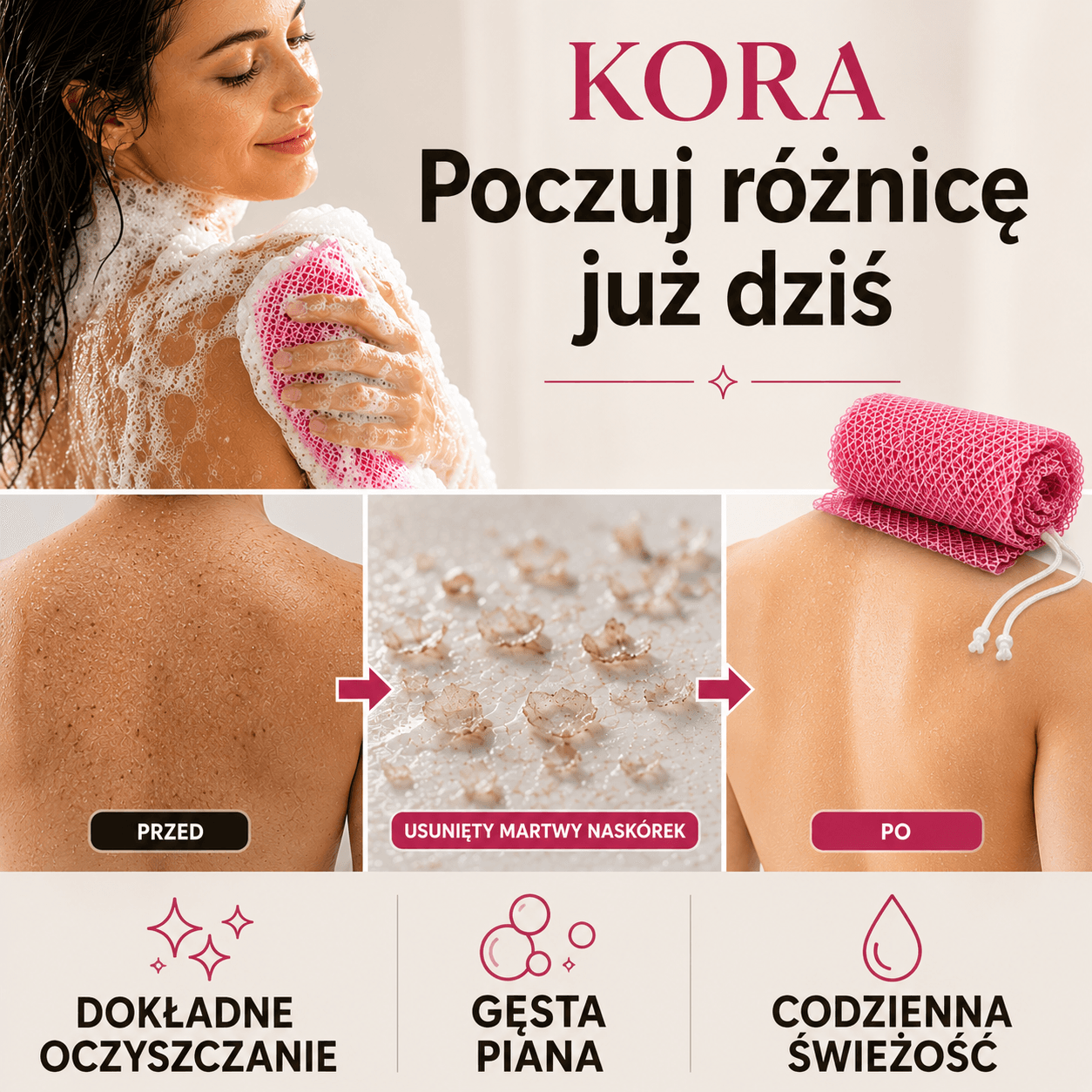 KORA - Siatka do Naturalnego Oczyszczania Ciała i Pleców (1+1 Gratis)